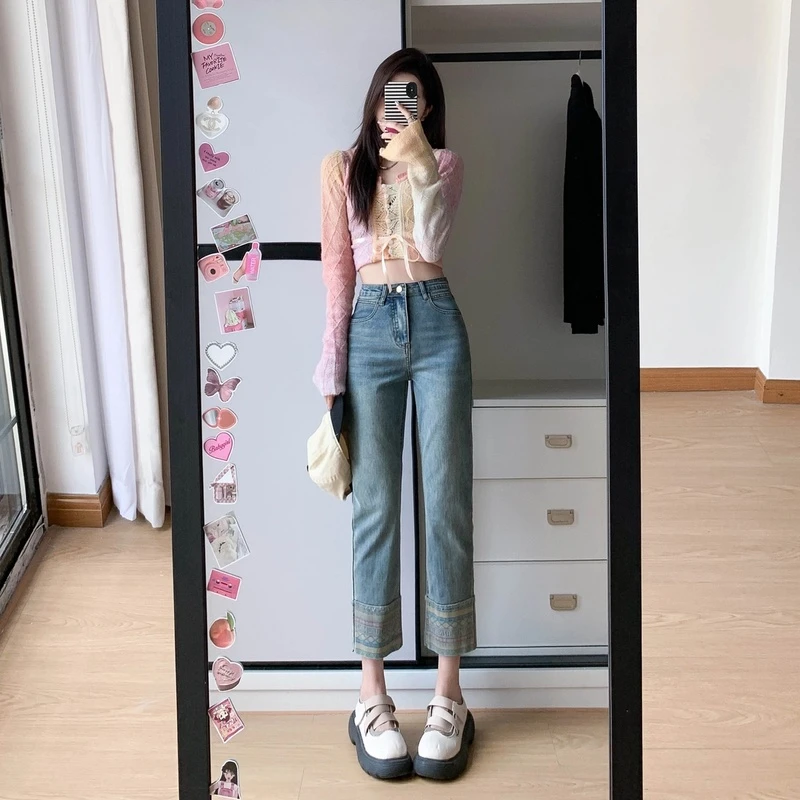 印花窄版直筒九分牛仔裤女新款高腰弹力显瘦小个子卷边烟管裤