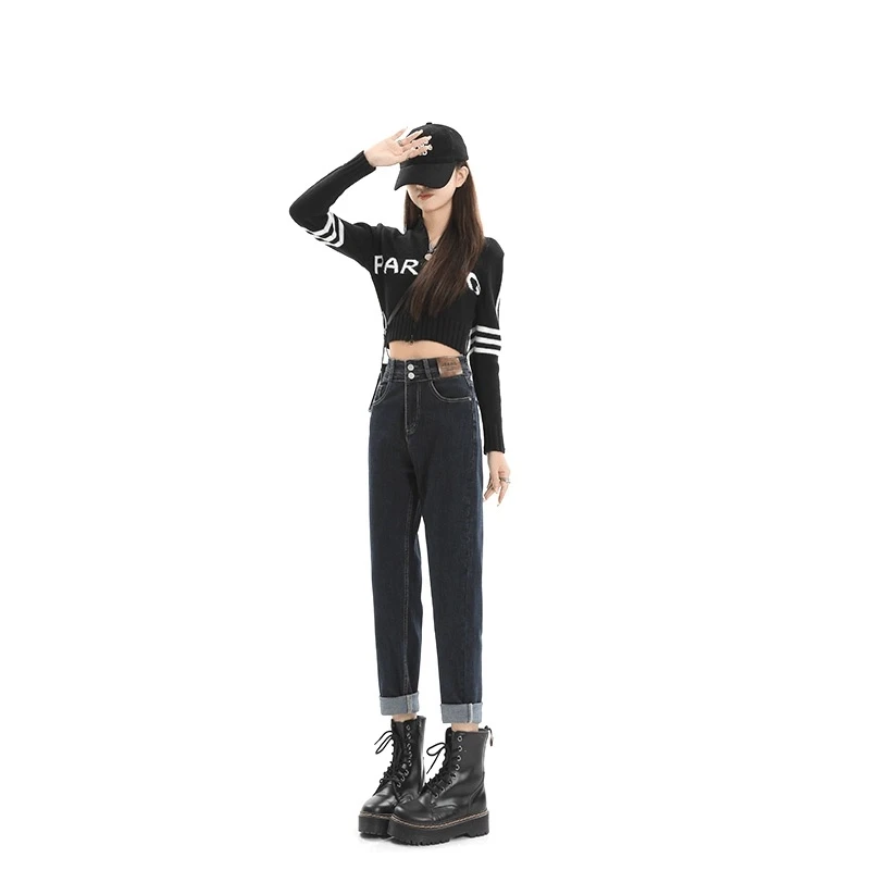 2025年春秋弹力双扣牛仔裤女黑色蓝灰百搭九分宽松哈伦老爹裤显瘦