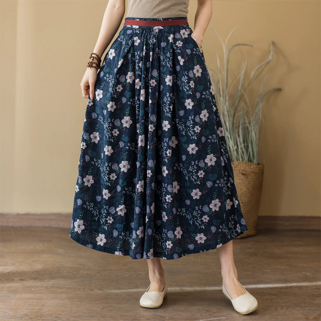 半笙织纯棉双层有内衬显瘦新款百搭长款大摆裙裙子50-60岁情感