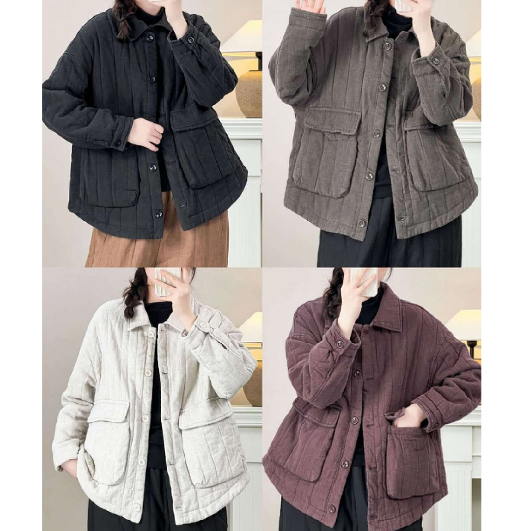 秋冬宽松亚麻棉混纺棉麻上衣外套棉服百搭保暖休闲棉衣冬季