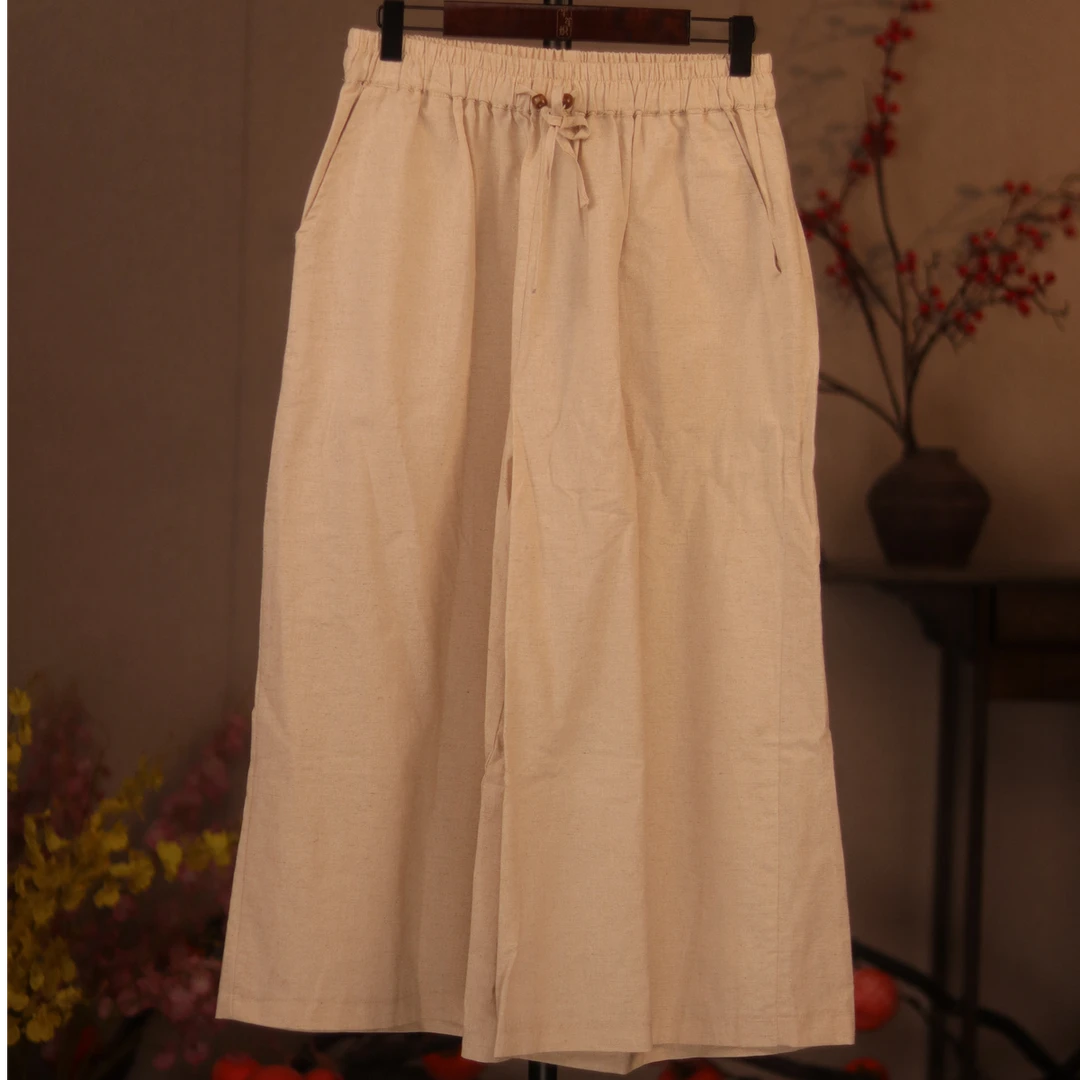 纯亚麻复古九分阔腿裤夏季宽松休闲裤春夏百搭舒适透气亲肤吸汗