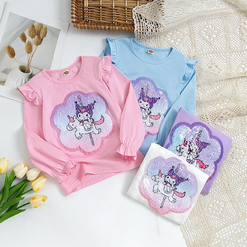 女童长袖t恤变色亮片可变图案上衣儿童小女孩泡泡袖纯棉童装衣服
