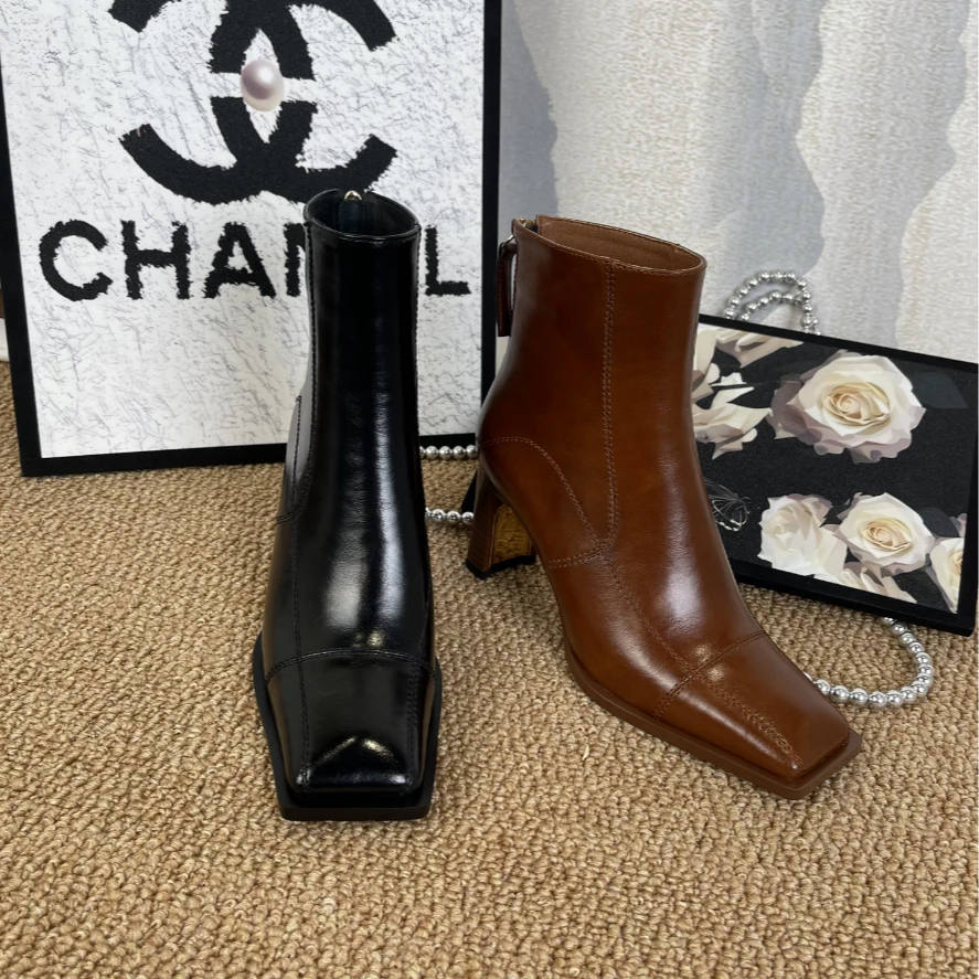 TROWSAGE/牛皮/6cm/轻奢粗跟高跟鞋短靴子女鞋子24D2666