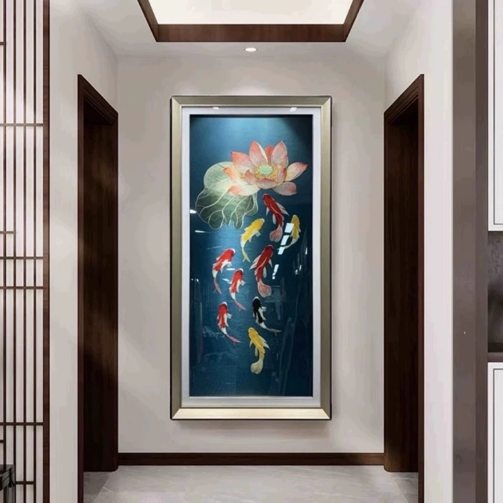 九鱼荷花苏州纯手工刺绣锦鲤九鱼图非遗文化苏绣入户过道挂画乔迁