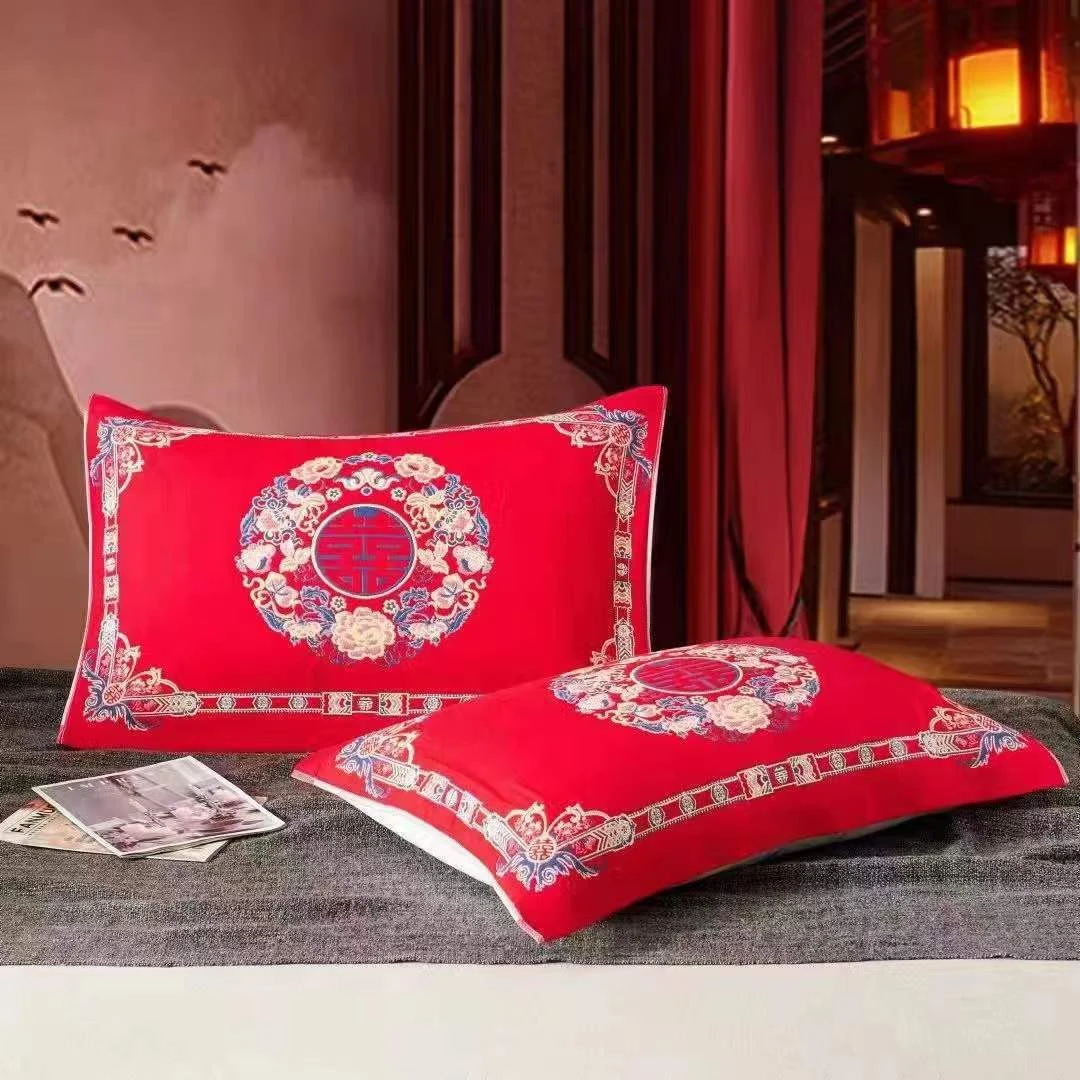 大头鸭【结婚棉纱布大红枕巾一对】 高档加厚新婚大号喜字枕巾