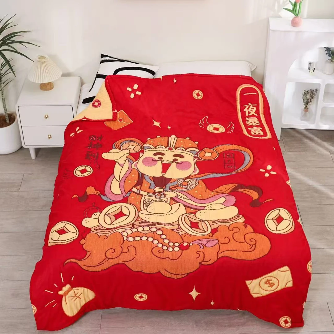 大头鸭 新年喜庆棉纱布单人床盖1.5*2