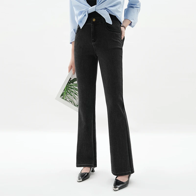 赫语新款黑色微喇牛仔裤显瘦高腰时尚百搭修身微喇裤9800