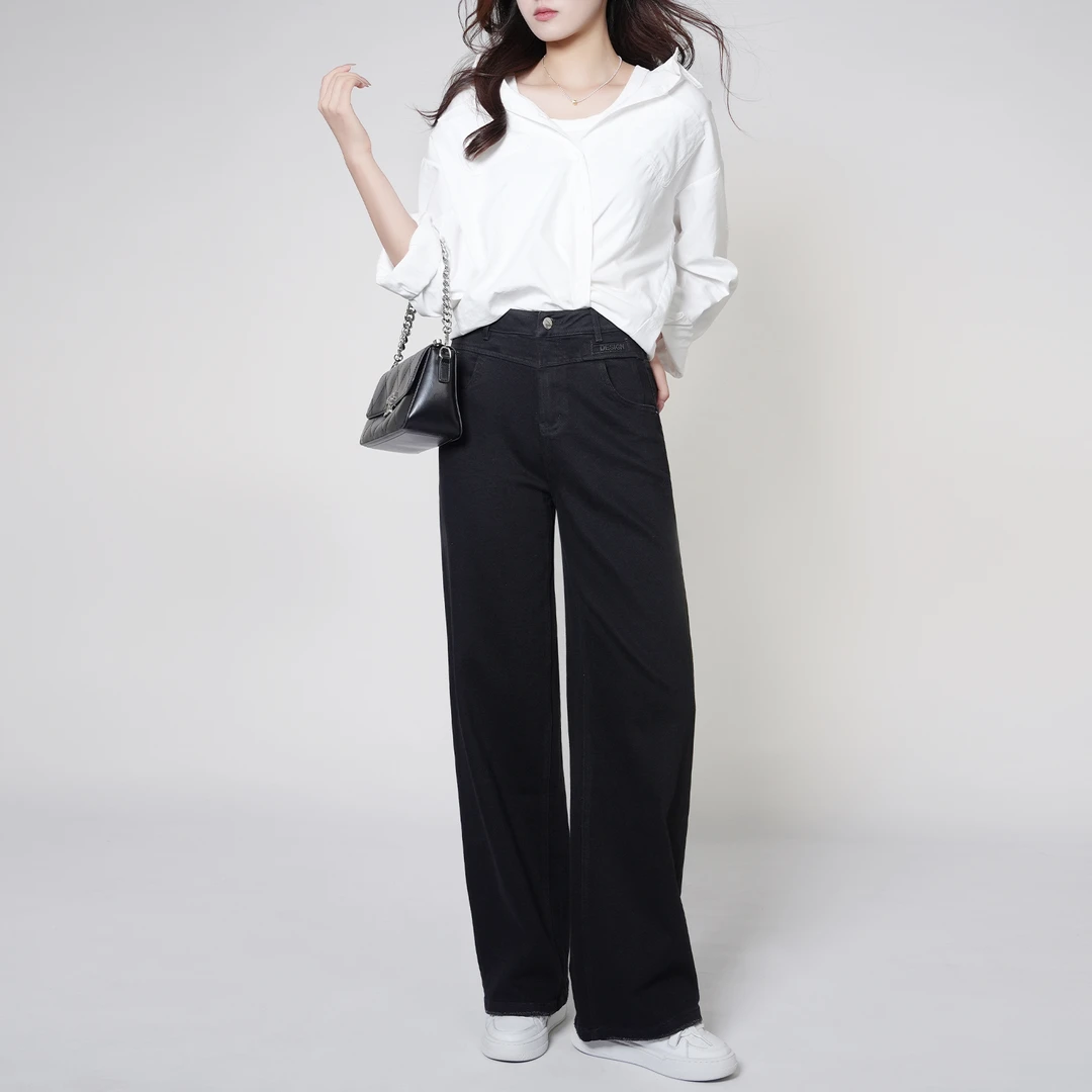 赫语新款黑色阔腿牛仔裤高腰时尚百搭休闲宽松拖地裤DK68169