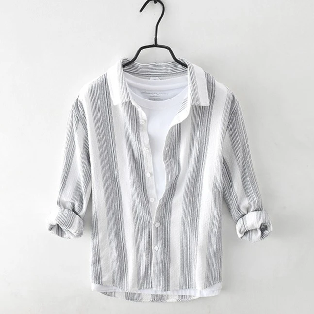 清新条纹休闲长袖衬衫男士撞色复古青年文艺宽松纯棉衬衣