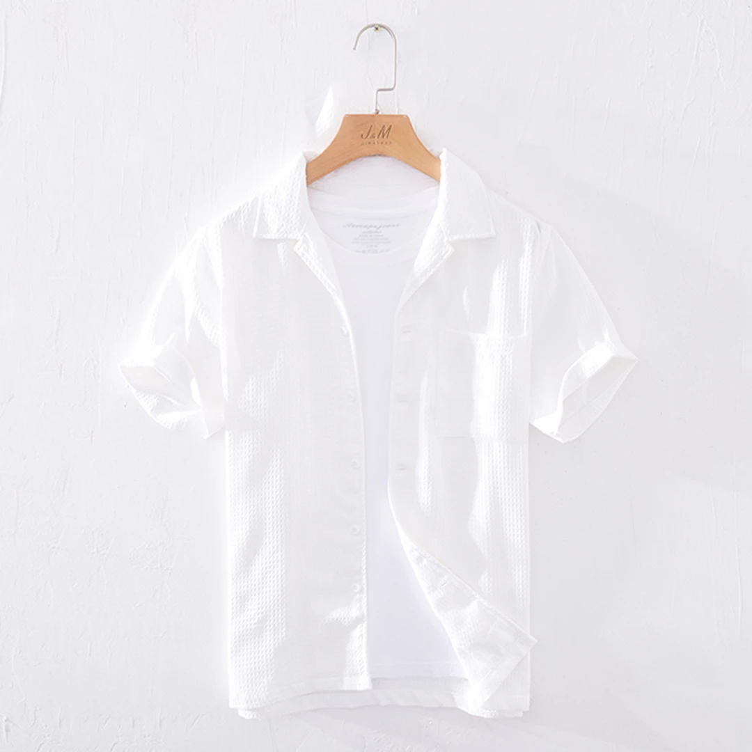 古巴领华夫格短袖衬衫男士清新百搭宽松青年休闲大码衬衣