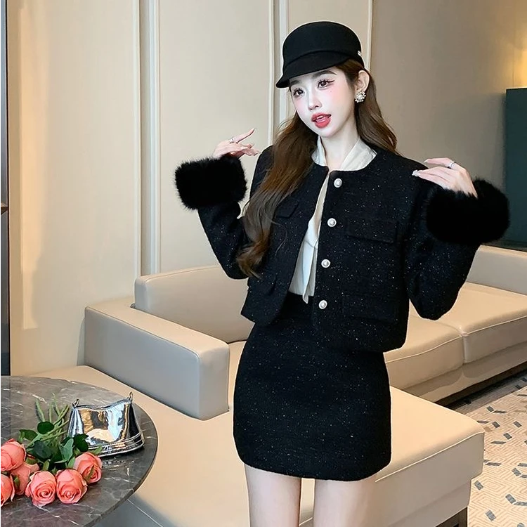 【爱比】充绒里衬大码小香风套装女秋冬气质外套流苏半身裙两件套