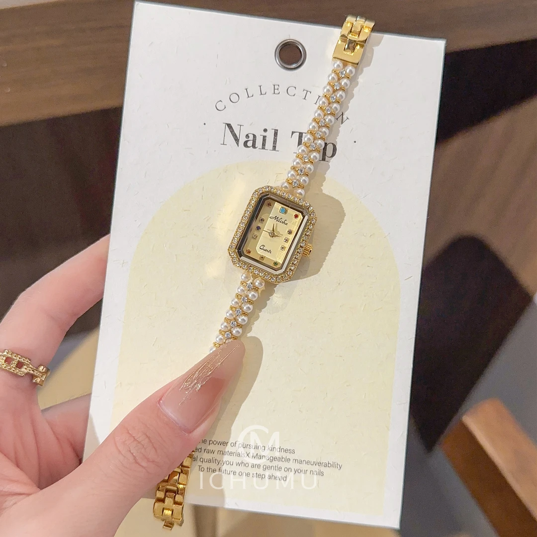 Mishali/米莉莎手表女珍珠手链表轻奢小众女表精致小巧方形12817