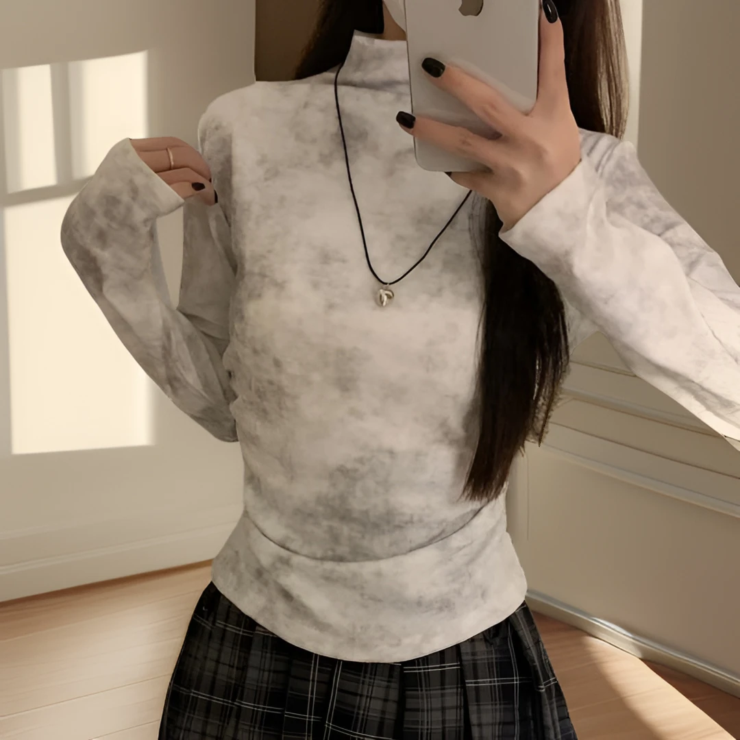 德绒磨毛加厚扎染褶皱半高领长袖T恤女秋冬季辣妹修身显瘦打底衫