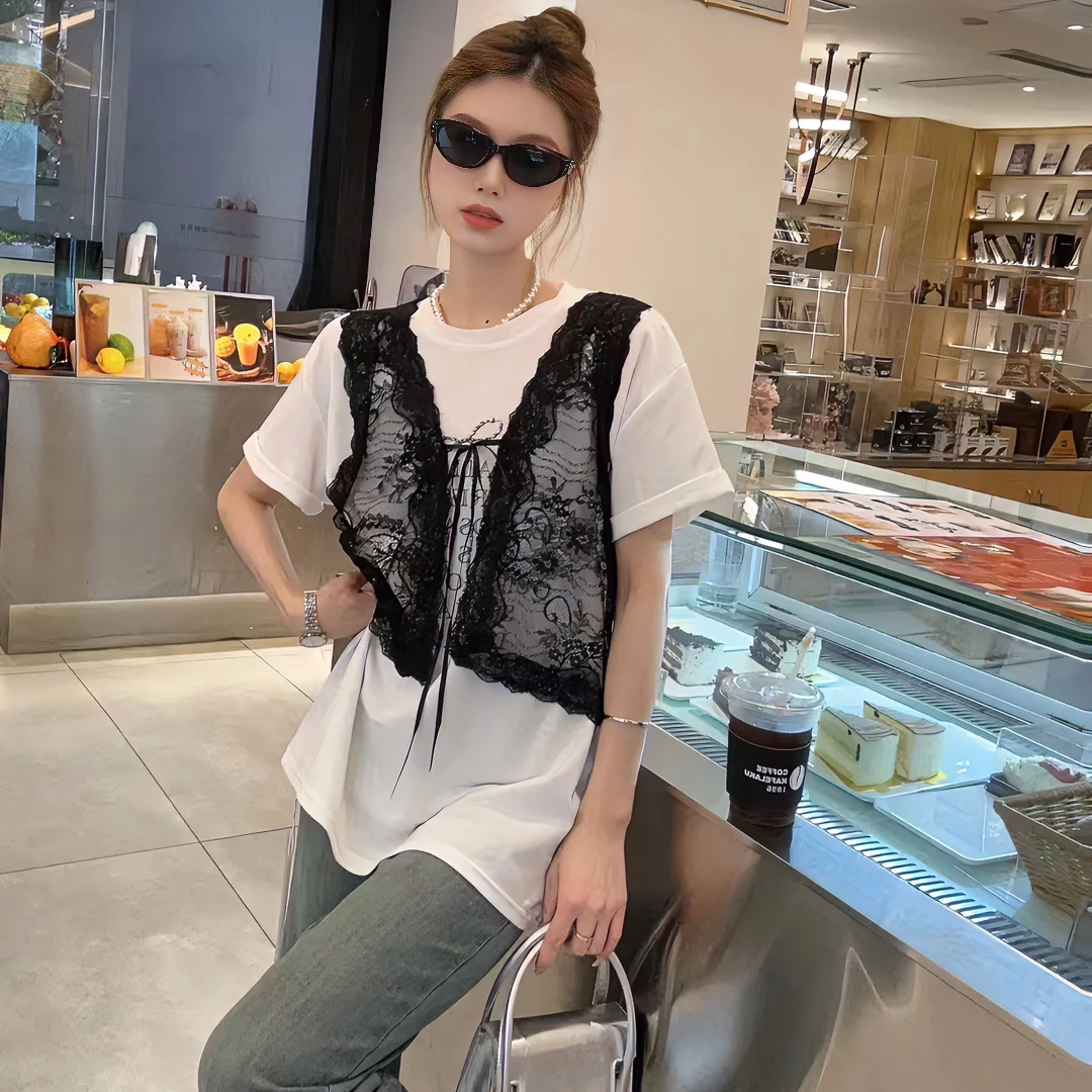 蕾丝时尚百搭夏季假两件黑白气质7821显瘦