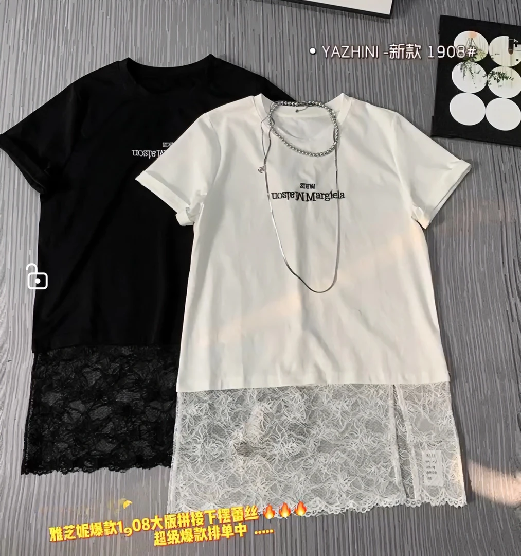 蕾丝时尚夏季圆领拼接开叉中长款T恤大版设计师百搭7822