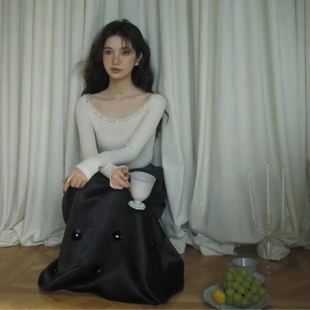 短款打底衫毛针织衫设计师女神长袖圆领蕾丝冬季白色7799