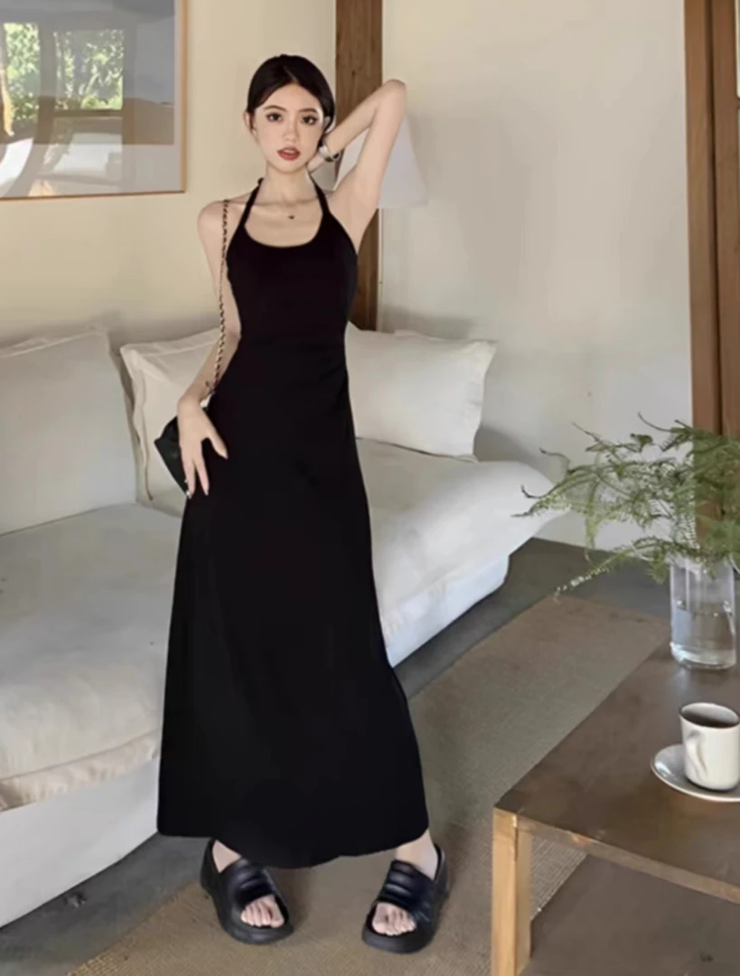 显瘦气质连衣裙长款黑色夏季设计感7815