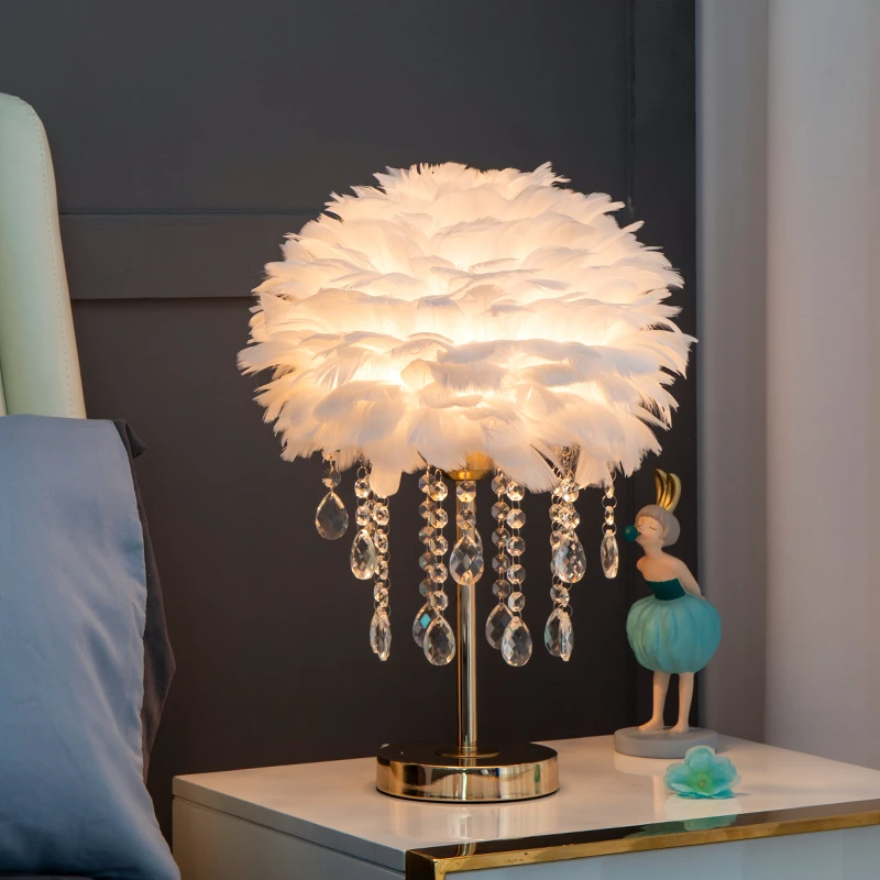 北欧轻奢ins少女水晶羽毛台灯卧室床头灯后现代温馨浪漫客厅装饰