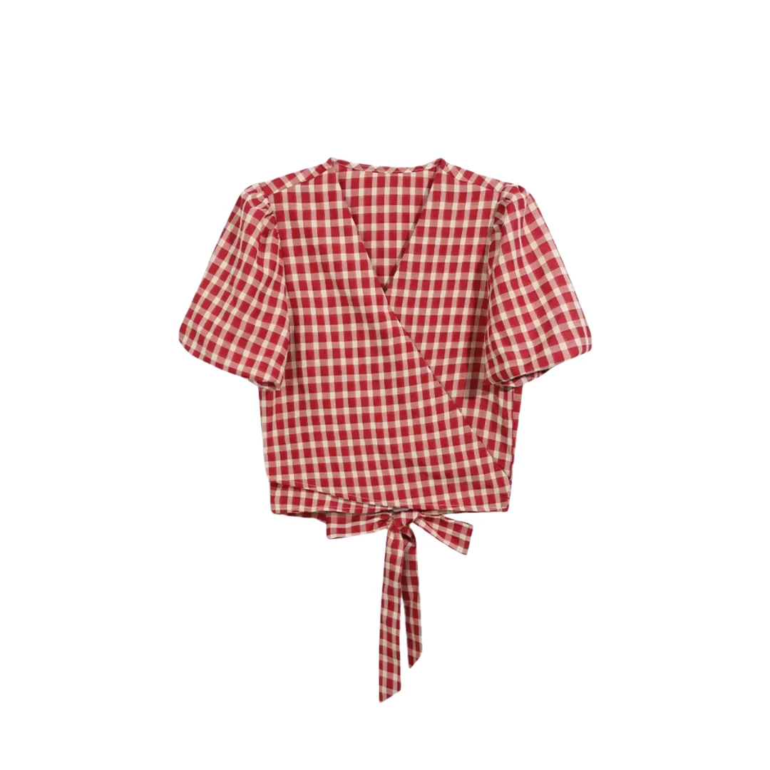 【嘉人有约】设计感蝴蝶结系带格子短袖衬衫9021