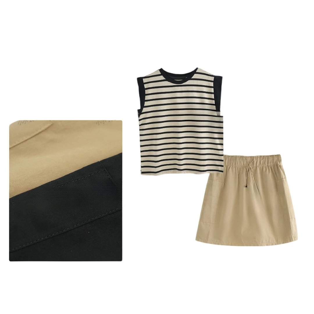 sol faceQC条纹短袖+工装半身裙两件套装9922sfc+HH105