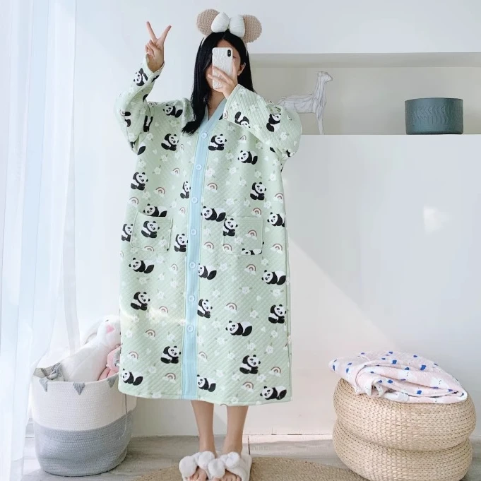 婴儿棉加厚熊猫开衫加长睡裙加大码胖MM200斤孕产妇秋冬三层夹棉