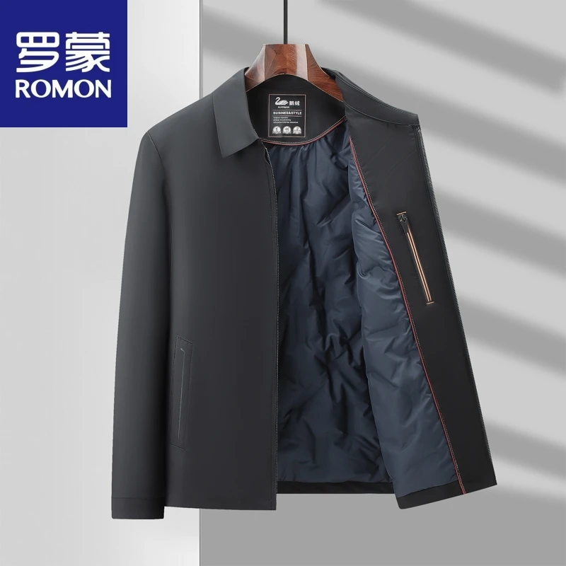 Romon/罗蒙男士商务休闲秋冬季节风衣外套轻薄时尚翻领鹅绒服3196