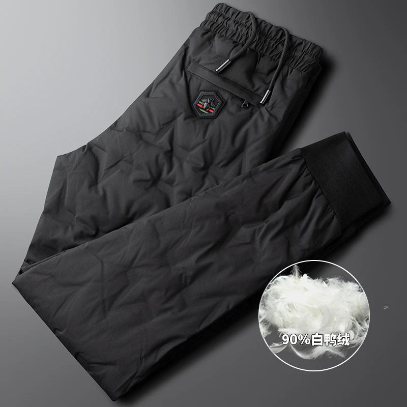 比提米尔轻奢冬季羽绒裤男加厚保暖小蜜蜂徽章白鸭绒修身束腿卫裤