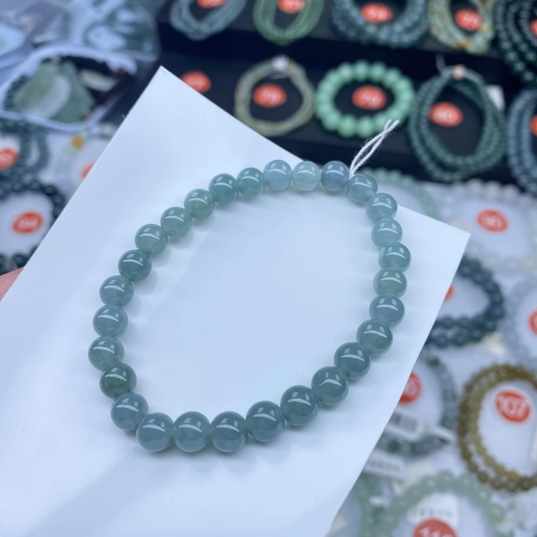 天然翡翠A货卡7细糯蓝绿底手串女士手链