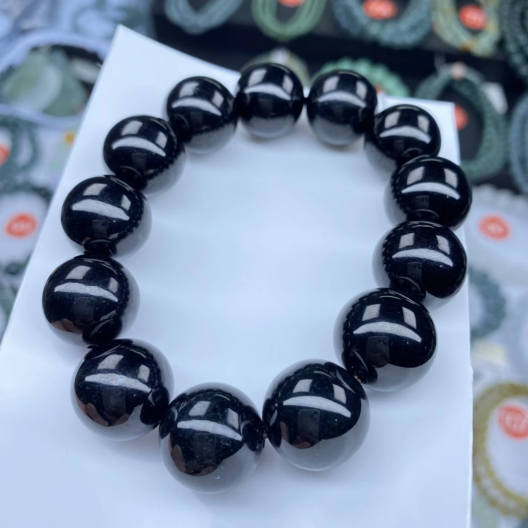 天然缅甸翡翠A货卡16墨翠手串够黑够亮够油超级黑