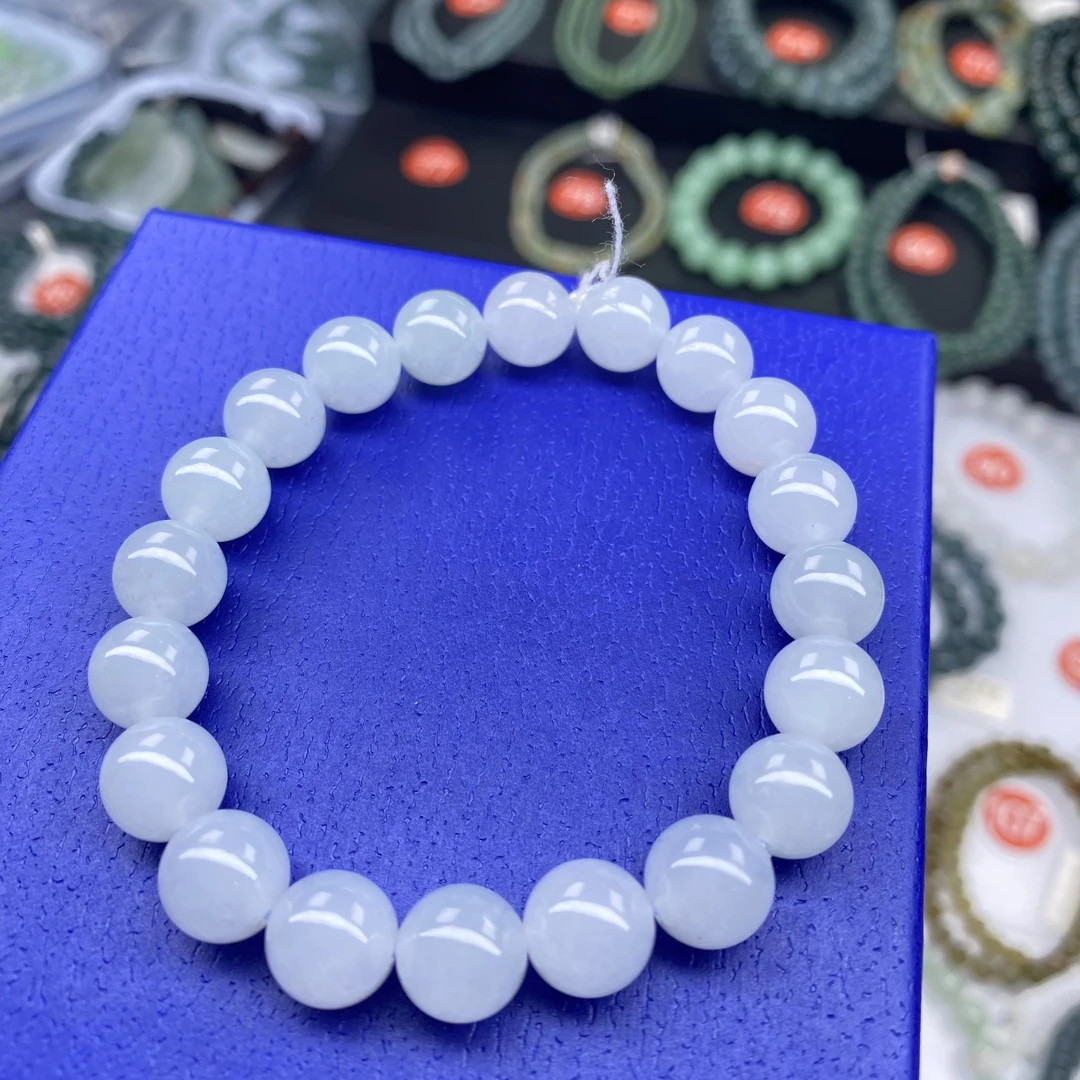 天然缅甸翡翠A货卡10糯冰蓝白底手串老坑老料底子超细腻手链