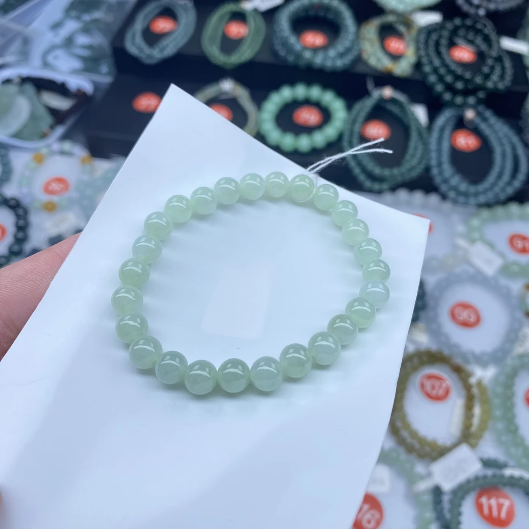 天然缅甸翡翠A货卡7细糯果绿手串