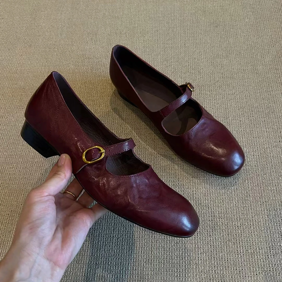 鞋子女鞋皮鞋单鞋红色浅口圆头低跟