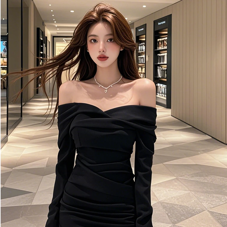 【B Y】高端时尚黑色一字肩性感连衣裙女初秋新简约大气修身纯欲风