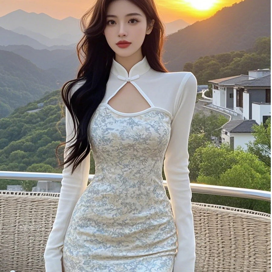 【B Y】白色镂空旗袍式收腰花边包臀裙气质长袖性感法式纯欲修身