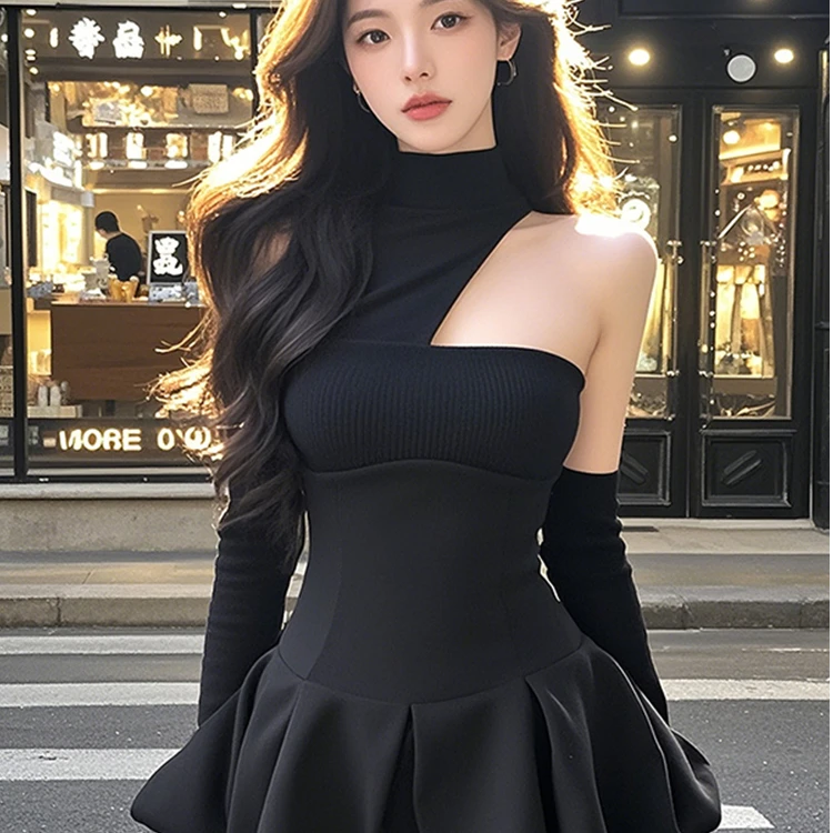 【B Y】黑色半高冷斜肩长袖连衣裙秋季收腰显瘦富家高级气质短裙