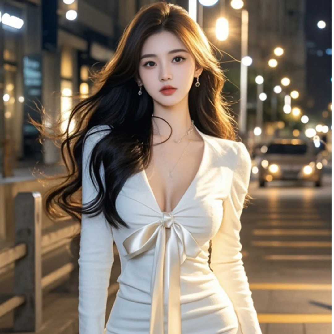 【现货】小众V领蝴蝶结长袖连衣裙女新款氧感白月光收腰褶皱包臀裙