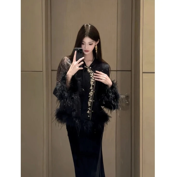 【B Y】毛绒外套黑色新中式丝绒吊带连衣裙女轻奢高级长裙礼服裙子