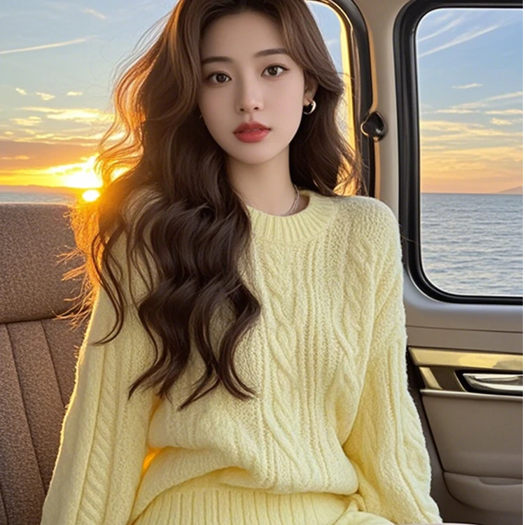 【B Y】圆领针织上衣2024新款女冬慵懒韩版宽松显瘦别致麻花纹毛衣