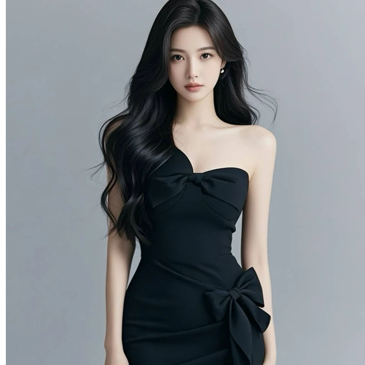 【B Y】小众蝴蝶结抹胸连衣裙女2025新款高级感宴会礼服包臀裙法式