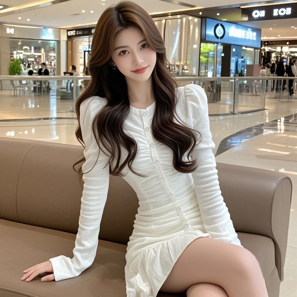 【B Y】白色褶皱排扣A字裙显瘦气质长袖法式设计感秋冬修身时尚