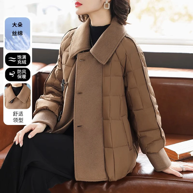 年轻妈妈冬装短款棉服洋气拼接毛呢外套中老年女冬季加厚棉袄