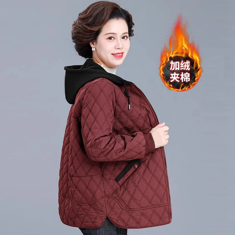 罗蒙妈妈冬装连帽羽绒棉服时尚新款菱格夹棉外套中老年女短款棉袄