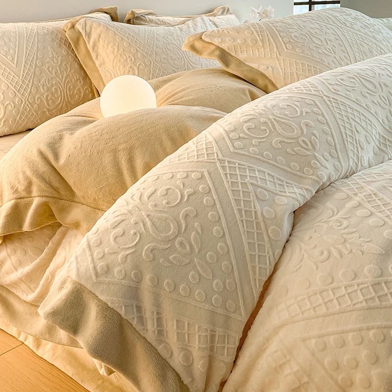 轻奢高端雕花牛奶绒床上四件套冬季珊瑚绒双面加绒床单被套三件套