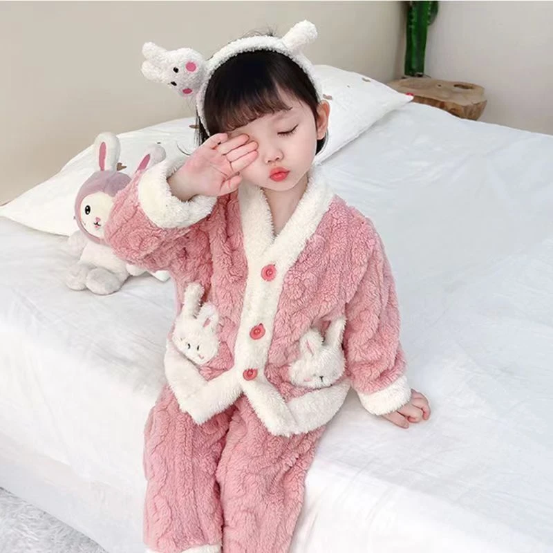 【品牌】女童法兰绒套装儿童珊瑚绒睡女孩家居服衣秋冬季宝宝加厚绒