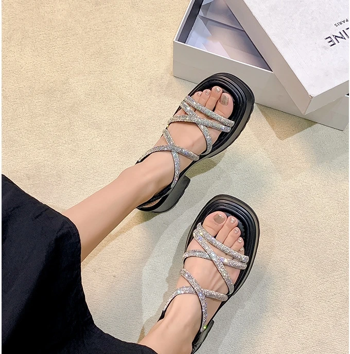 夏季高跟细带厚底凉鞋新款女款凉鞋高级感百搭松紧交叉带外穿水钻
