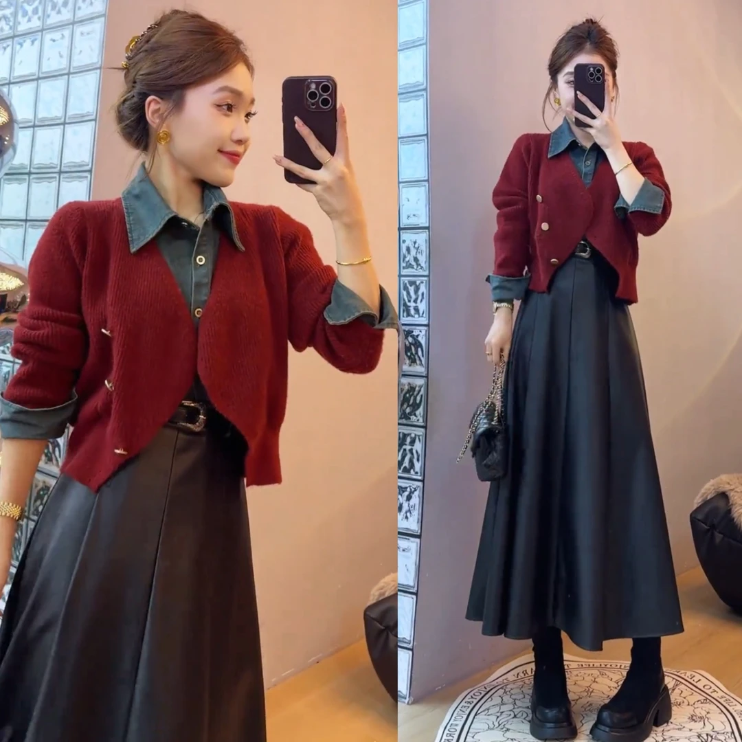 时尚V领拼接牛仔POPO领假两件针织毛衣女+韩版A字显瘦半身皮裙