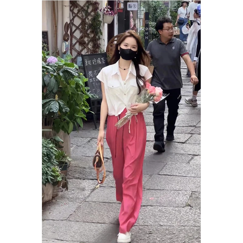 2024年夏季新款设计感气质飞飞袖衬衫+时尚高腰显瘦阔腿休闲裤