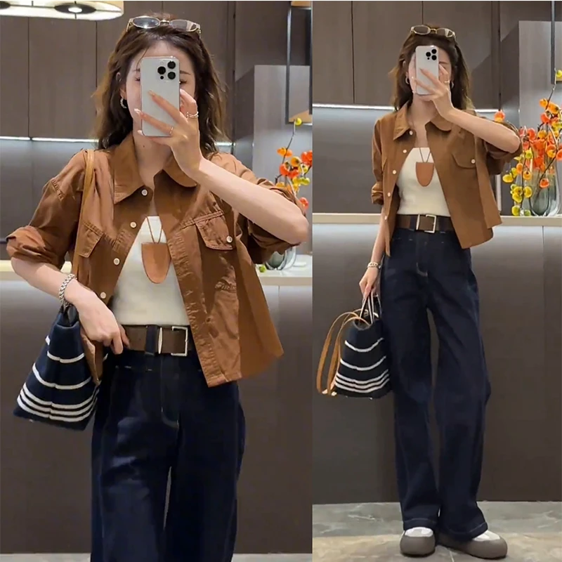 韩版复古短款外套+尚休闲显瘦宽松直筒牛仔裤+单肩带打底吊带背心