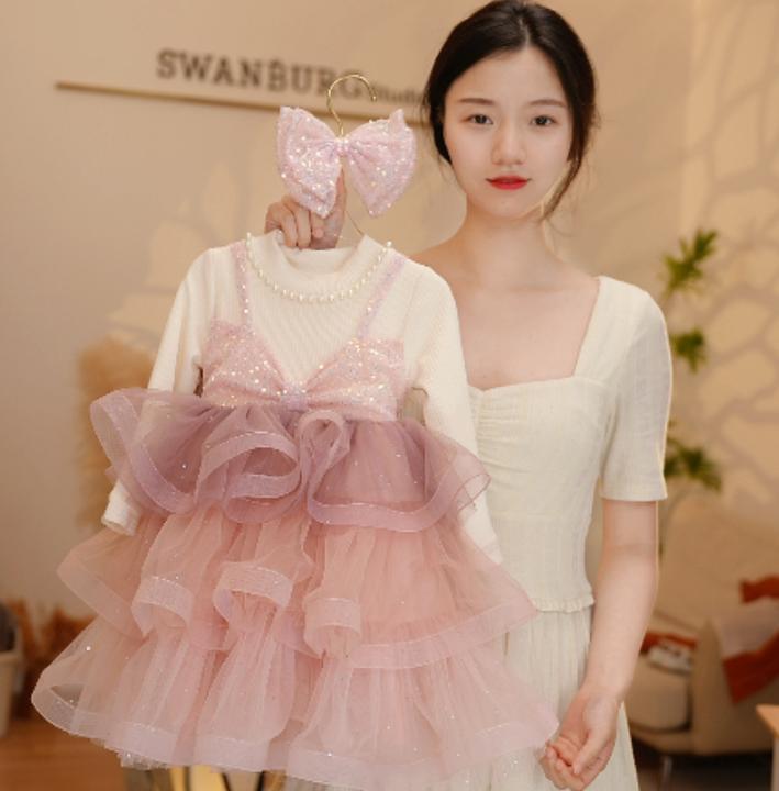 【Y.a4264】24新款女童洋气亮片拼接网纱蛋糕公主裙秋冬甜美连衣裙