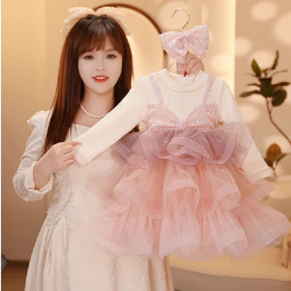 【Y.a4264】24新款女童洋气亮片拼接网纱蛋糕公主裙秋冬甜美连衣裙